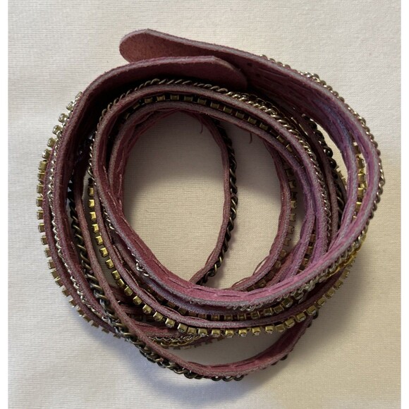 Hato Hasi Pink & Gold Leather Wrap Bracelet with Silver & Gold Tone Chains - Picture 2 of 9